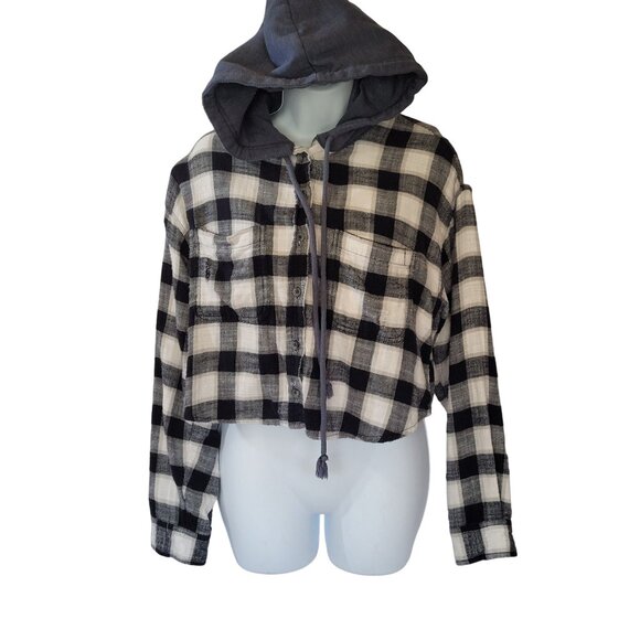 American Eagle Hoodie Shirt Womens S Plaid Cropped Black & White Cotton Blend - Picture 5 of 8